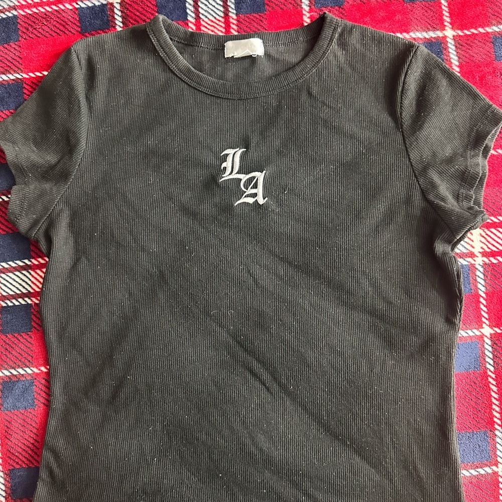 Black Short-Sleeve Ribbed Tee with LA Embroidery